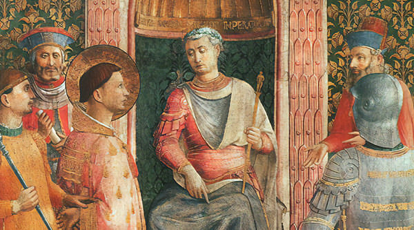 Llorenç enfront de Valerià, d'un fresc de Fra Angelico.