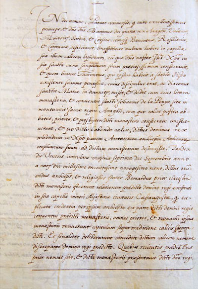 Còpia del document de l'Arxiu de la Corona d'Aragó pel qual Martí I l'Humà rep el Sant Calze. Còpia del document de l'Arxiu de la Corona d'Aragó pel qual Martí I l'Humà rep el Sant Calze.