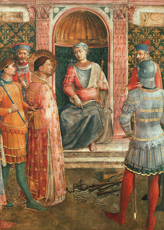Llorenç enfront de Valerià, detall d'un fresc de Fra Angelico, c. 1447–50 Llorenç enfront de Valerià detall d'un fresc de Fra Angelico c. 1447–50